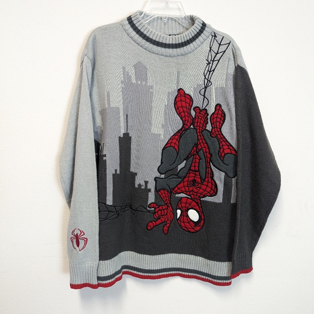 Vintage 2001 Marvel Spider-Man City Skyline Knit Sweater Adult Size Medium Worn